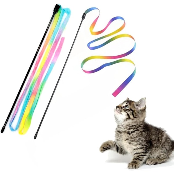 Interaktiivinen kissan sateenkaarisauvalelu, interaktiivinen kissan kiusaamisen sauvanauha, värikkäät nauhakorut useimmille kissoille ja kissanpennuille - 2 kpl (53,2 tuumaa)