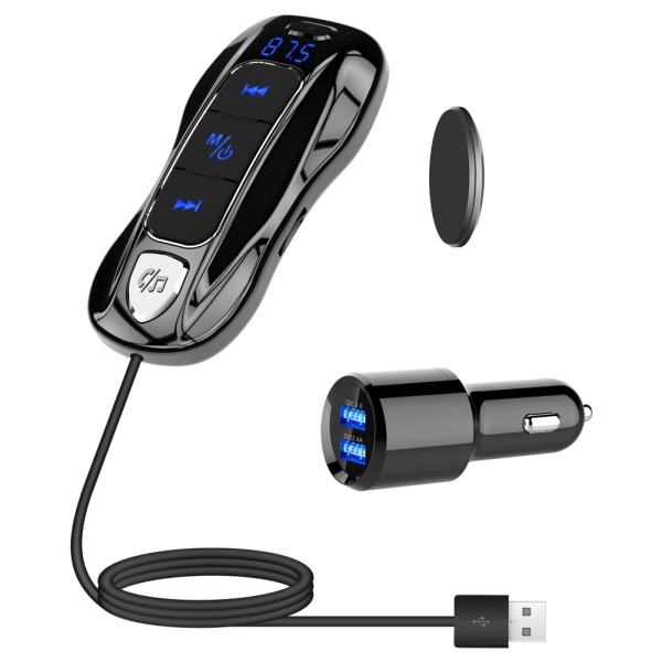 Bluetooth V5.0 FM-sändare, Bluetooth-bilsändare Handsfree-bilsats Dubbla USB-portar (QC3.0+5V/2.4A) med 1,1M-kabel, A2DP Crystal Sound,