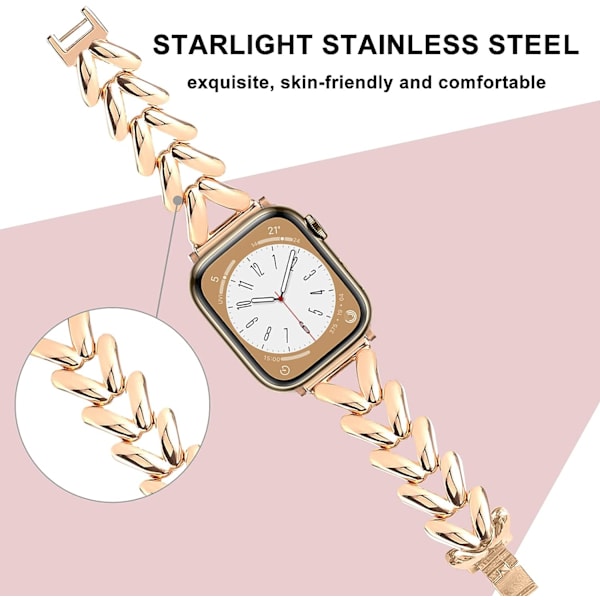 Rosegull - Rem for Apple Watch 41mm 40mm 38mm Serie 8/7/6/5/4/3/2/1, Tynn rustfritt stål metall erstatningsrem for kvinner til iWatch