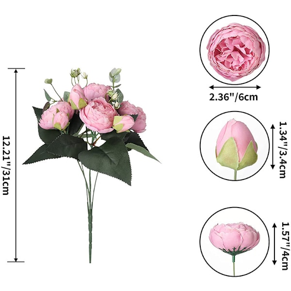 4 Buketter Kunstige Peon Silkeblomster Falske Glorie Blomster til Bryllupsfest Brud Hjemmedekorasjon, 5 Gaffler, 9 Hode (Rosa)