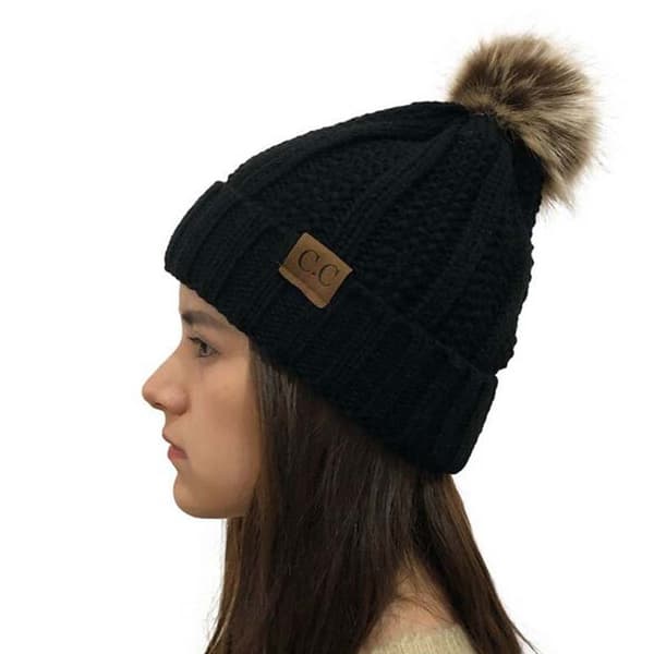 Dame Vinter Ribstrik Beanie Crossover Cap Chunky Cable Knit Pom Pom Blød Isoleret Hat (Sort)