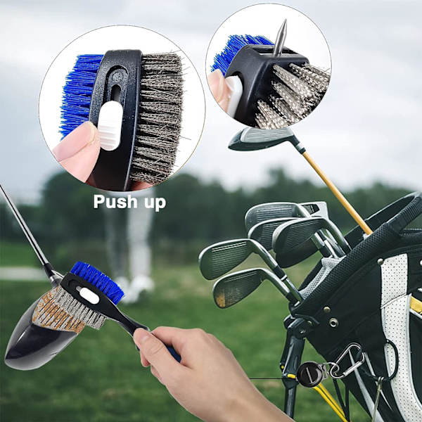Golfbørste og stålbørste med spenneklips (karabinkrok) for å rengjøre kølleflate-spor for enkel oppheng på golfbag