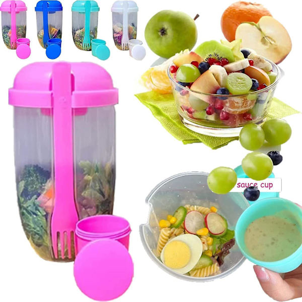 Sats med färska salladskoppar till behållare med gaffel och såskoppar, bärbar picknick Bento