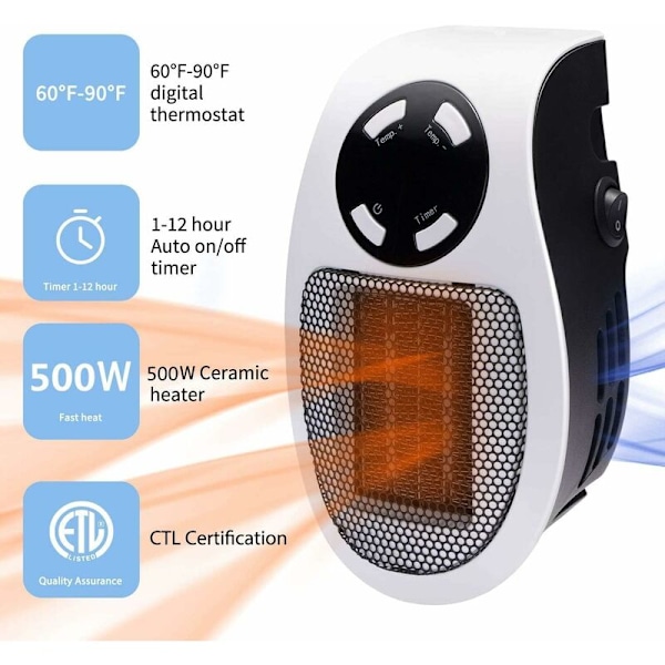 Smart 500 W keramisk fläkt - Elektrisk uppvärmning med vägguttag - med justerbar termostat och timer och LED-display - Snabb uppvärmning, låg ljudnivå, säker