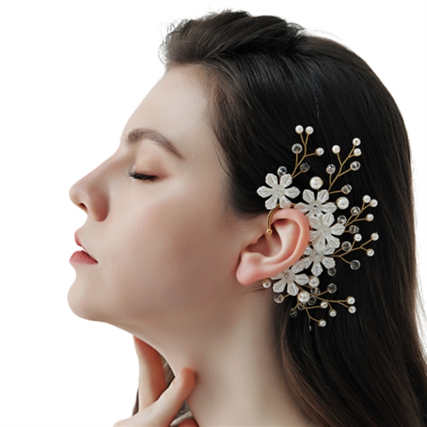 Koreansk version af den venstre øre elegante blomst perle rhinsten hængende øre hoved blomst ren håndlavet hoved smykker