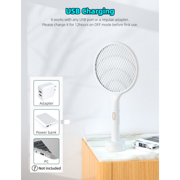 Elektrisk flugsmällare - Bug Killing Racket Dual Mode - Uppladdningsbar med lila myggdödande ljus - Bra för hemmakontor, uteplats, camping