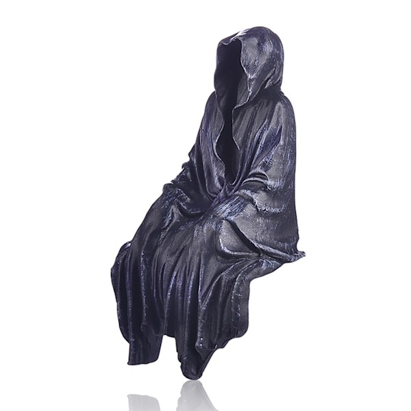 Sittende statue gotisk skummel kunstdekor, svart skrekk kappe Halloween harpiks død reaper tenker skulptur, bord og skrivebord