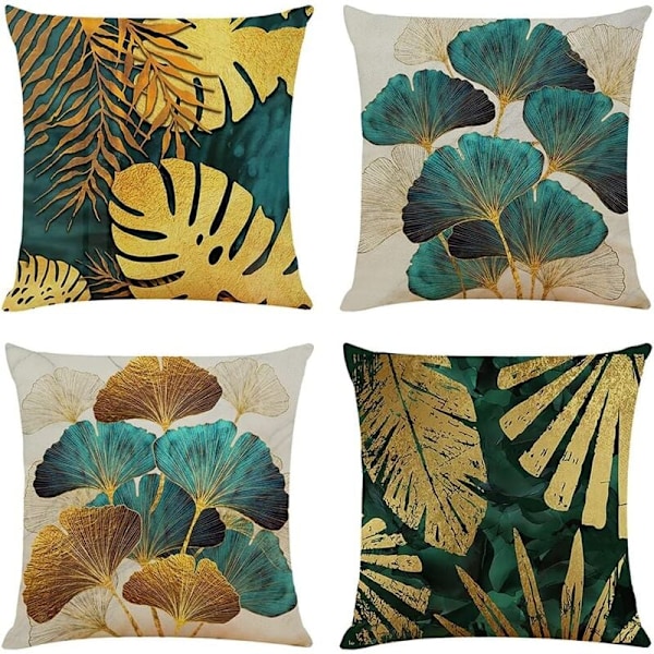Set med 4 st kuddfodral 45x45 cm kvadratiska i gröna blad och gyllene överdrag Linnekuddar för soffkuddar