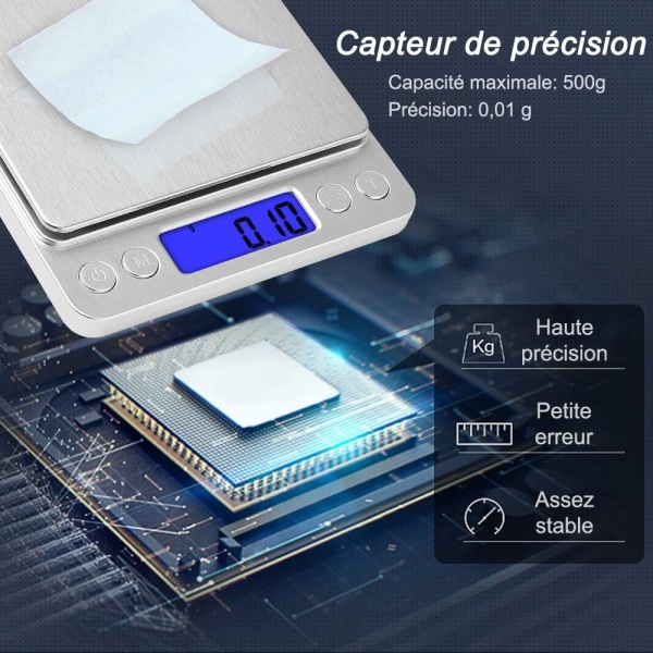 500g/0,01g presisjonsvekt, kjøkkenvekt/lommevekt/smykkevekt, elektronisk vekt med høy presisjon, bakgrunnsbelyst LCD-skjerm, tare- og PCS-funksjon, wit
