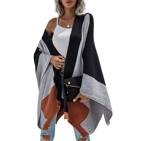 Kvinners Boho Buffalo Plaid Cape Cashmere Sjal Genser Cardigan Vinter Teppe Frakk, Svart