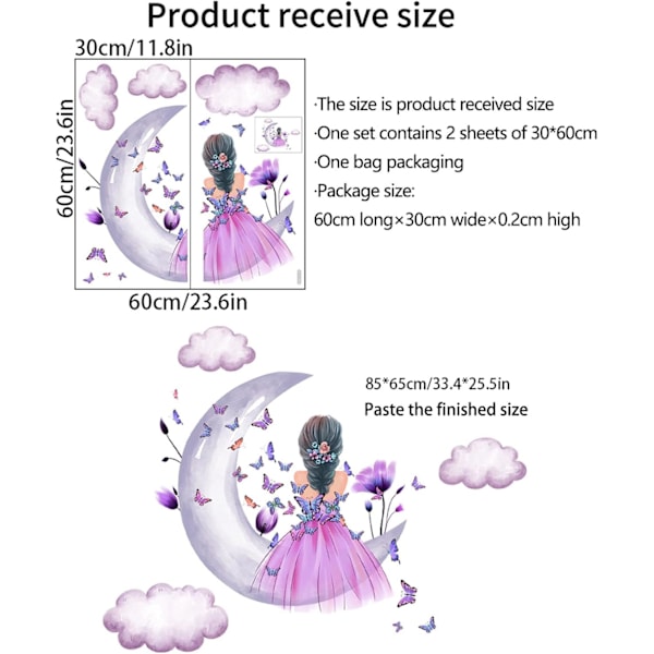 Sommerfugl-jente veggklistremerker, måne skyer blomst fe veggdekor, fe veggklistremerker, jenter baby barnehage soverom stue, veggdekorasjon