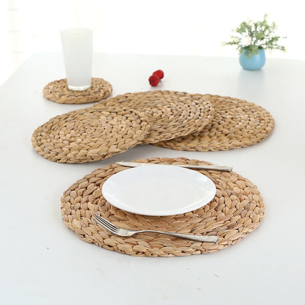 Naturliga vävda vattenhyacint-placemats, runda vävda placemats, vävda halmplacemats, set om 6 (30 cm)