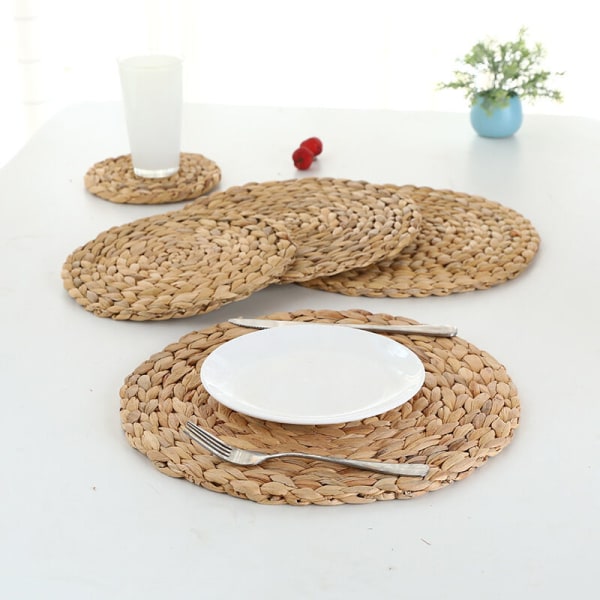 Naturlige vevde vannpistol plassmatter, runde vevde plassmatter, vevde strå plassmatter, sett med 6 (30 cm)