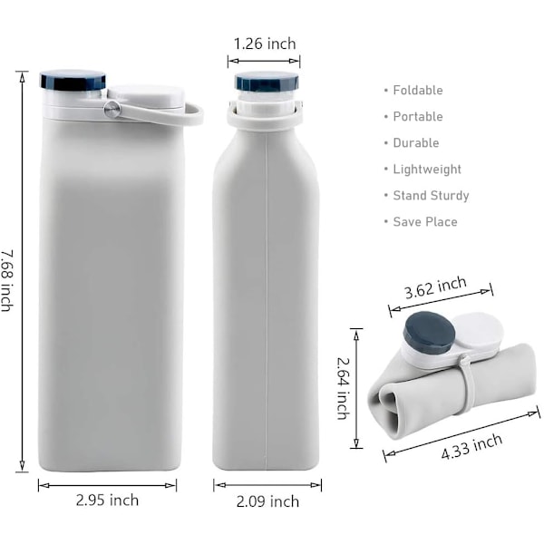 Hopfällbar Vattenflaska, BPA-fri - 590 ml Hopfällbar Vattenflaska för Resor, Sportvattenflaska, Trippel Läcksäker Lättvikt (Grå)