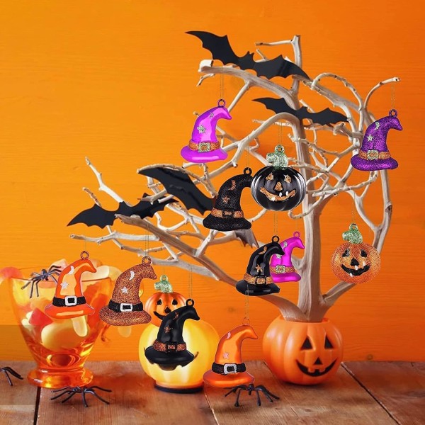 Halloween-trepynt 27 stykker Halloween-kulepynt med heksehatt og gresskar, Halloween-dekorasjon uslåelig plast hengende kulepynt