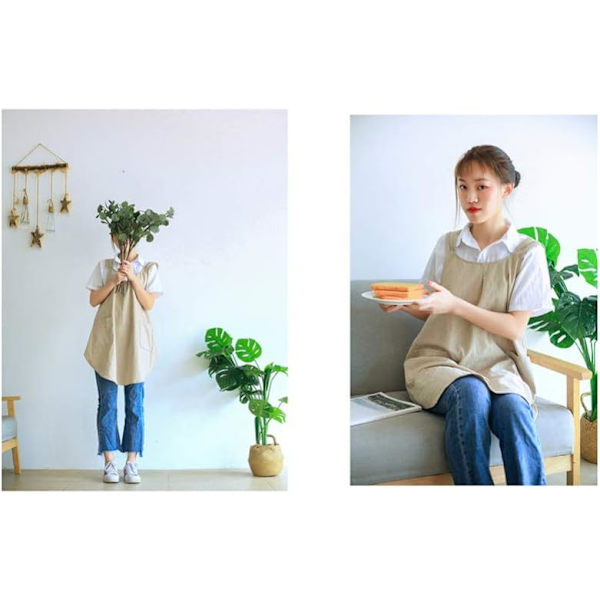 Mjuk bomullslinneförkläde Halterneck Korsbandage Förkläden Japansk stil X-form Dubbla fickor Kök Matlagning Kläder Present till kvinnor Kock Inflyttningspresent