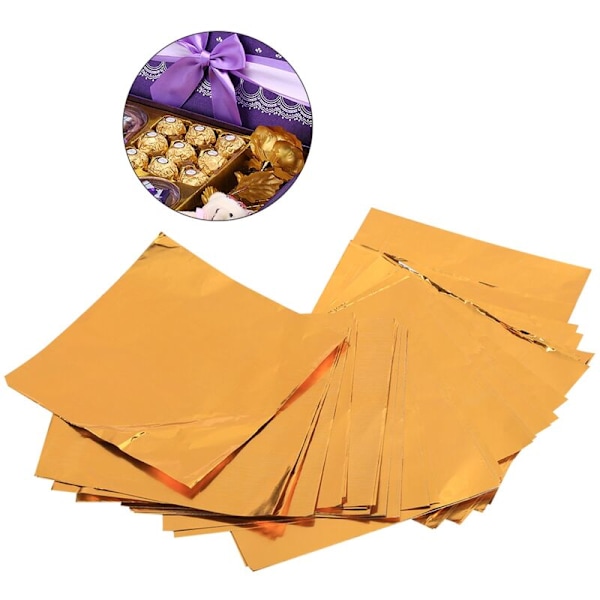 Sæt med 100 firkantede aluminiumsemballager til slik, chokolade, slikkepinde, 7,6 x 7,6 cm, guld