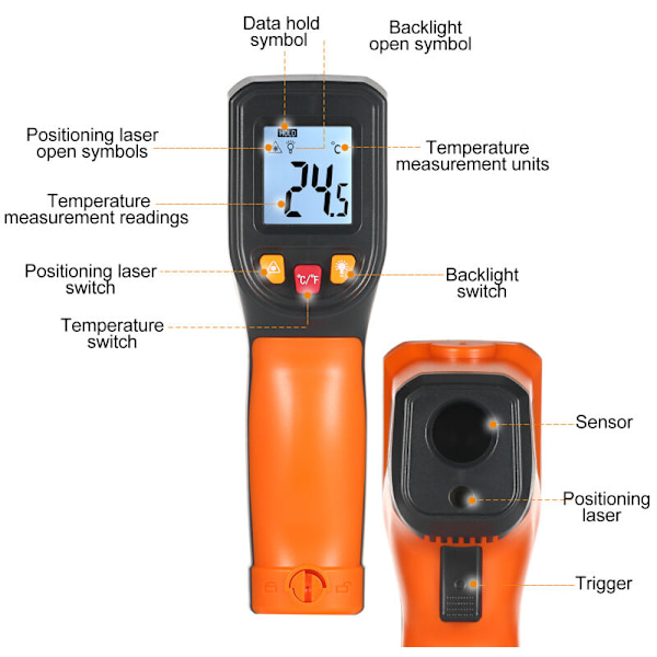 Infrarødt termometer digital temperaturpistol uden kontakt -50 ° C400 ° C (-58 ° F752 ° F) IR termometer til industri, køkken, bil, ikke til