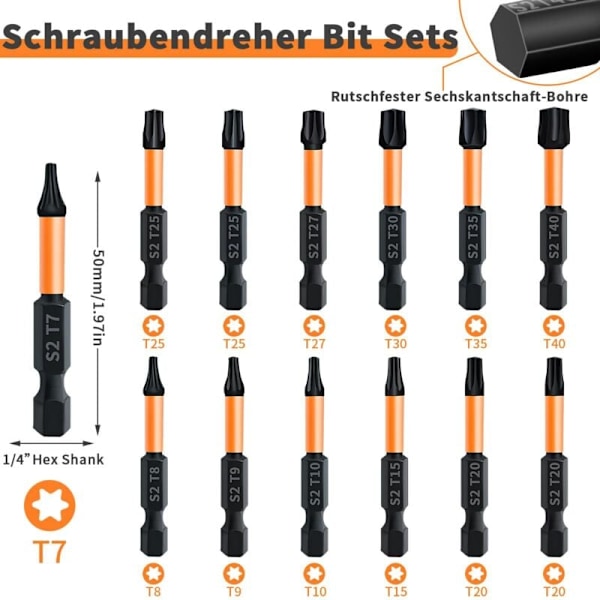 Erä 13 Torx-ruuvimeisselin kärkeä, pituus 50 mm, 1/4\" kuusiovarrella ja perusmuistilla, T7/T8/T9/T10/T15/T20/T25/T27/T30 // T35/T40
