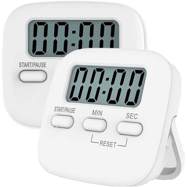 2 stk. magnetisk køkkentimer med stort LCD-display, med stopur, høj alarm og nedtællingstimer, hvid