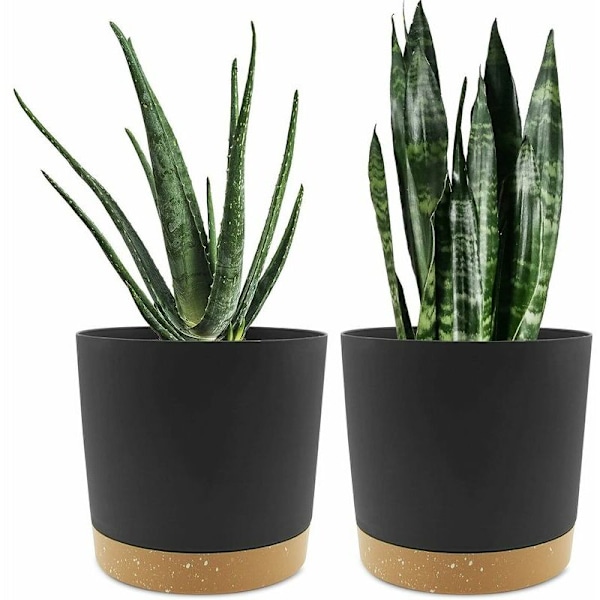 Set med 2 blomkrukor 20,3 cm, innerkrukor med dräneringshål och avtagbar bas, moderna dekorativa fat för utomhusplanterare (svart 20,3 cm)