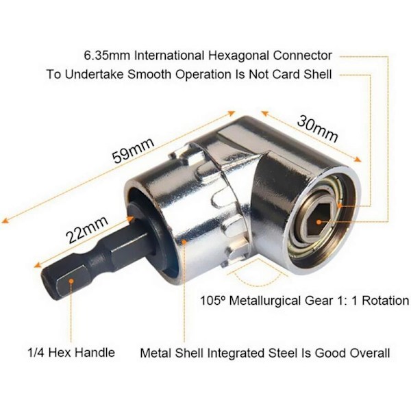 105° Vinkeladapter (1/4\", Hex Bit) og 3 stk. Trådløs Skruetrækker Socket Adapter Socket Adapter til Bit Holder (1/4, 3/8, 1/2\").