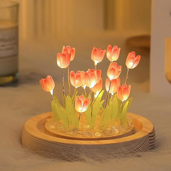 Tulip nattlys LED Valentinsdag dekorasjonslampe, kunstig blomst i glass, nattbordslampe, bursdags Valentinsdag gave