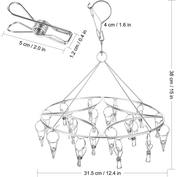 Rund sokketørker for undertøy, babyklær og småting, rustfritt stål roterende tørkestativ med 20 klesklyper