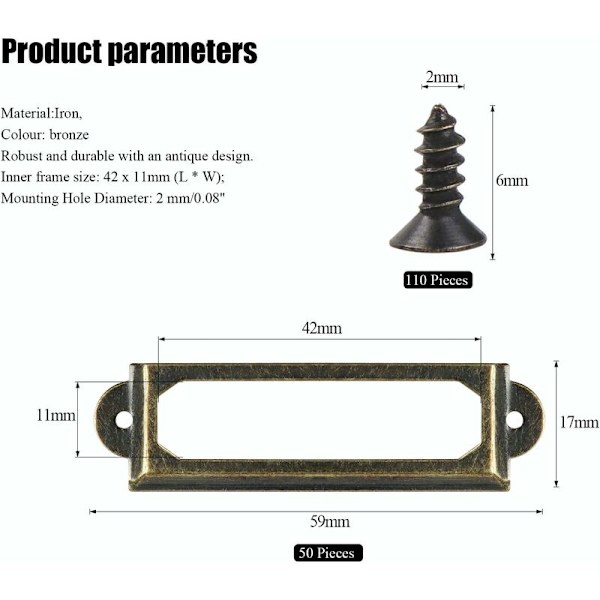 50 stk. Metal Etiket Holdere til Møbler Skuffer Skabe Kort Navneskilte Rammer med Skruer til Skrivebord Bogreol Reol Hylder Bronze (S 59 x 17mm