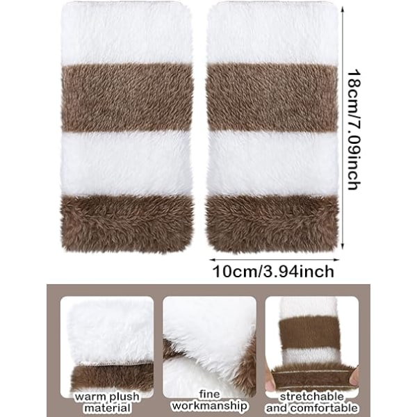 2 par dam vinter fingerlösa handskar varma lurviga tumhål handledsvärmare unisex handskar mjuka svart vita bruna ränder herrpresent