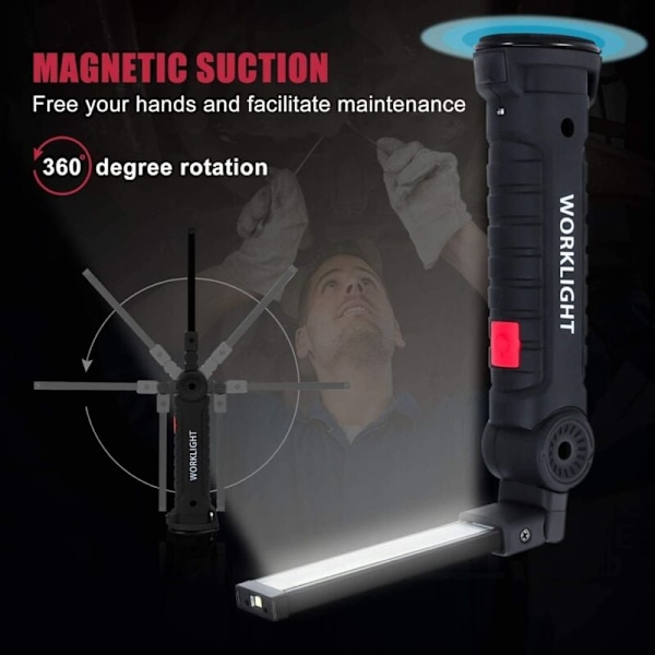 Genopladelig LED-arbejdslampe, 800LM LED-vandrelampe, Genopladelig LED-værkstedslampe, inspektionslampe, magnetisk base lommelampe 5 tilstande til garage, cam