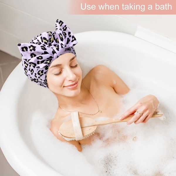 Dusjhette for kvinner - Vanntett gjenbrukbar dusjhette justerbar knute svømmehette med elastisk bånd for damer jenter bading spa (rosa leopard)
