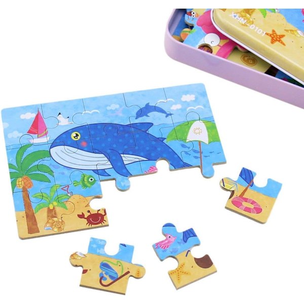 Træpuslespil til børn med 4 forskellige sværhedsgrader, 9, 12, 15 og 20 brikker, den perfekte lærerige version af puslespillet Under the Sea