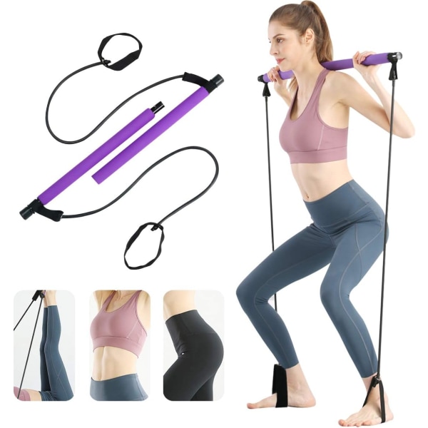 Bärbar Pilates Bar Kit med motståndsband, Bodybuilding Yoga Pilates Stick med fotögla för ben, armar, axlar, yoga, stretching, skulptering