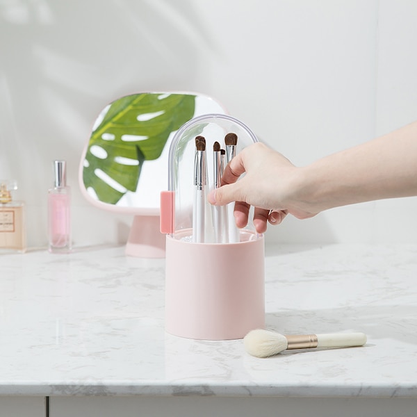 (Rosa) Makeupborsthållare med lock Makeupborste Förvaringslåda med genomskinligt svänglock Pärla Dammskyddad Displayställ Sovrum Byrå Badrumsskåp Sin