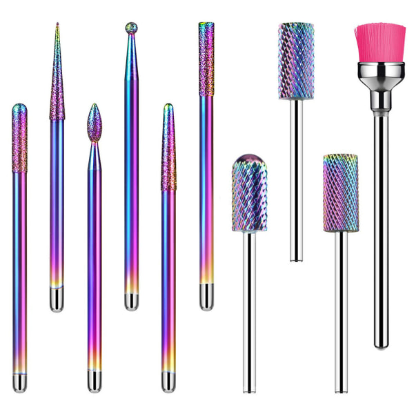 10 stk Tungsten Stål Neglesliper Bits Sett (Fargerik), Profesjonell Gel Akryl Hudfjerner, Diamant Tungsten Karbid Neglebormaskin Verktøy, Manikyr