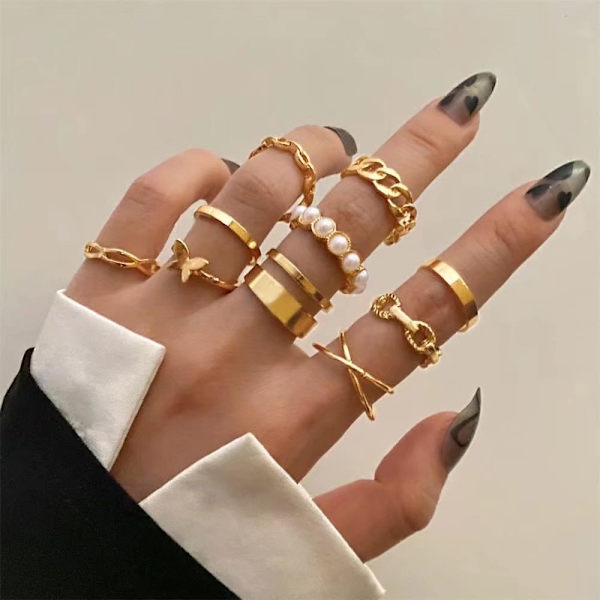 Set med 10 justerbara europeiska och amerikanska fjärilspärlringar i ny mode Ins Ring Set för kvinnor, guld