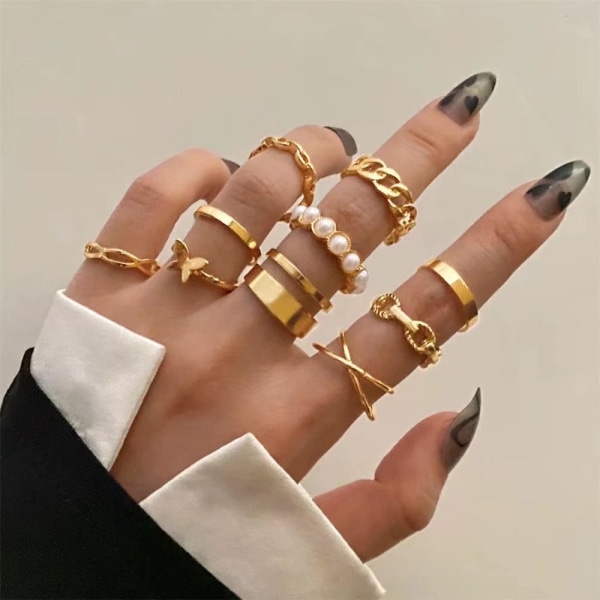 Set of 10 Cross-border Adjustable European and American Butterfly Pearl Rings New Fashion Ins Ring Set Women, Gold