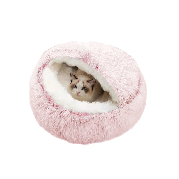 Katteseng - Plysj hette katteseng hule, komfortabel innendørs katteseng eller liten hundeseng, Donut rolig anti-angst katteseng for små til mellomstore kjæledyr, innendørs lur