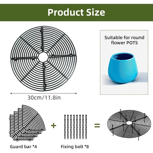 Skyddsgaller för blomkrukor - justerbara skydd upp till 30 cm - Komplett kit med ABS-plastbultar och ark - Växter skyddas mot katter, barn