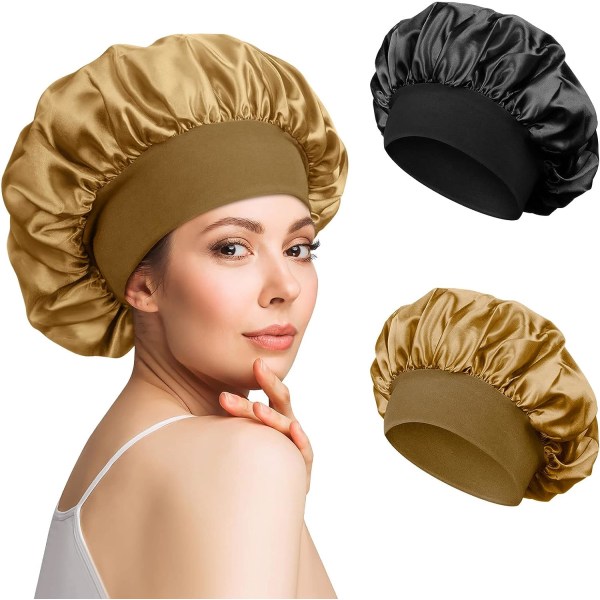 2 stk. Satin Nat Hår Bonnet, Satin Nat Cap, Silke Nat Hår Bonnet Nat Hår Bonnet til Kvinder (sort, guld)