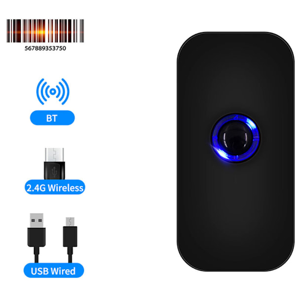Kannettava 1D 3-in-1 viivakoodinlukija, joka tukee langatonta BT- ja 2.4G-yhteyttä sekä USB-johdollista yhteyttä, yhteensopiva Windows-, Android-, Mac- ja iOS-käyttöjärjestelmien kanssa