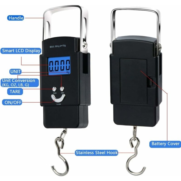 Elektronisk fiskevægt, fiskevægt 50 kg/110 lbs, digital fiske-postvægt til hængekrog med målebånd med baggrundsbelyst LCD-skærm, 2 AAA bat