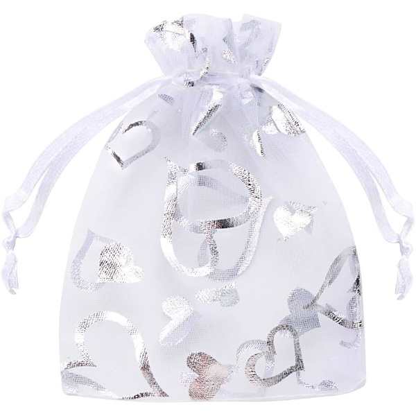 100 (±5) stk. Små Organzaposer med Snøre Sølv Hjerter Organza Festgaveposer Bryllupsgaveposer Slikposer Smykkeposer 9 × 12cm (Hvid