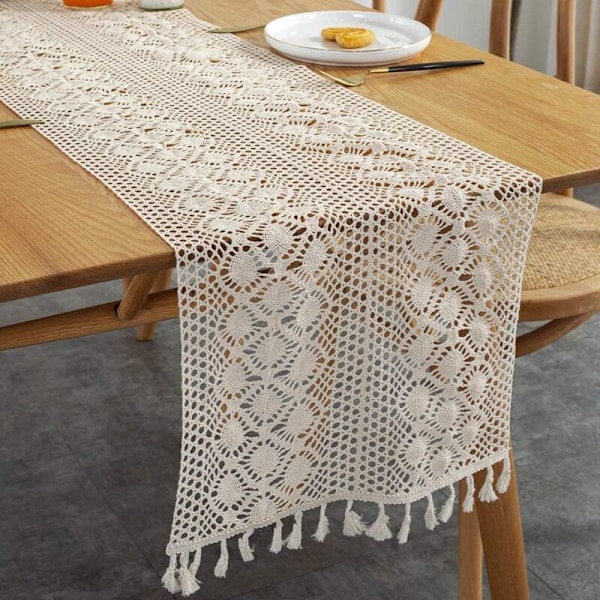 Bordløper i rektangulær makramé, heklet blonde, elegant mesh-duk for rustikk, krok, bohemstil, vintage, gårdshus (30x 300cm)