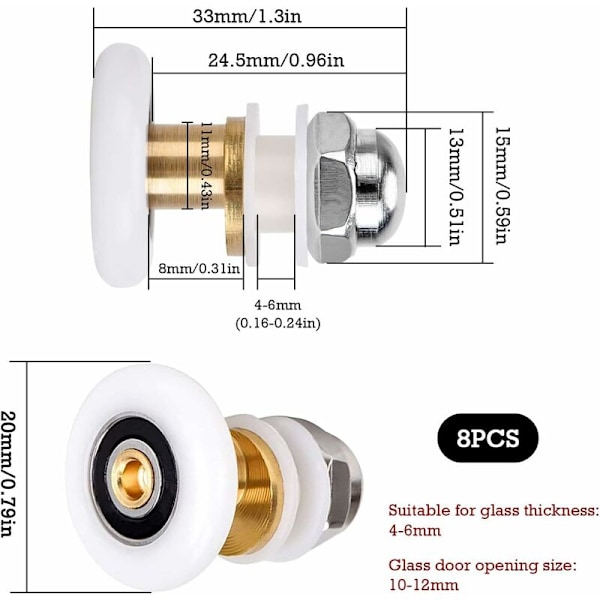 Duschhjul för skjutdörr 8 stycken ersättningsduschhjul i 20 mm mässing för skjutglasdörr med kullager.