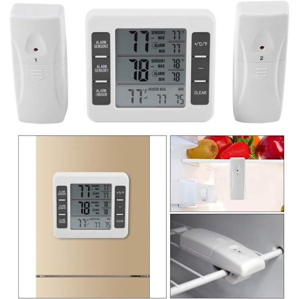 Termometer för kylskåp digital display trådlös frystemperaturövervakare för kylskåp med 2 rumsensorer och min/max-larm