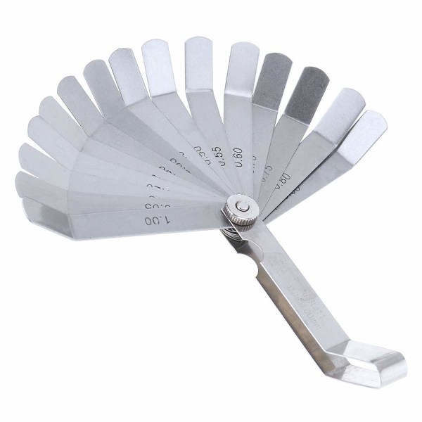 Set of 16 blades, standard metric offset valve gauge for measuring width/thickness of gaps from 0.05mm to 1.0mm