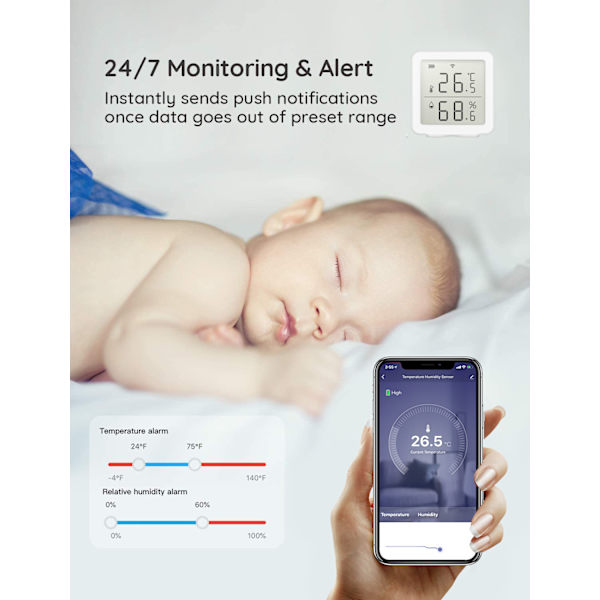 WiFi Termometer Hygrometer, Smart Fugtighed Temperatur Sensor med App Notifikationsalarm, Hurtig Respons og Hjemme Fugtighedssensor