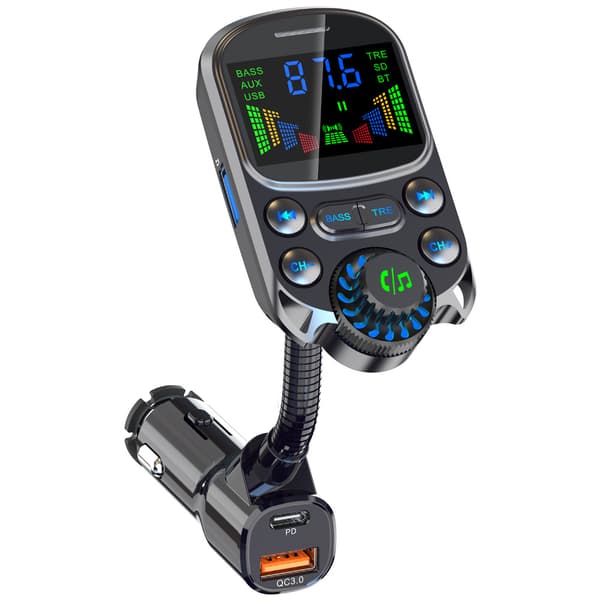 Bluetooth FM-sender, Bluetooth-bilsenderadapter QC3.0 PD30W Billader Håndfri bilsæt Radiosender med stort skærmdisplay